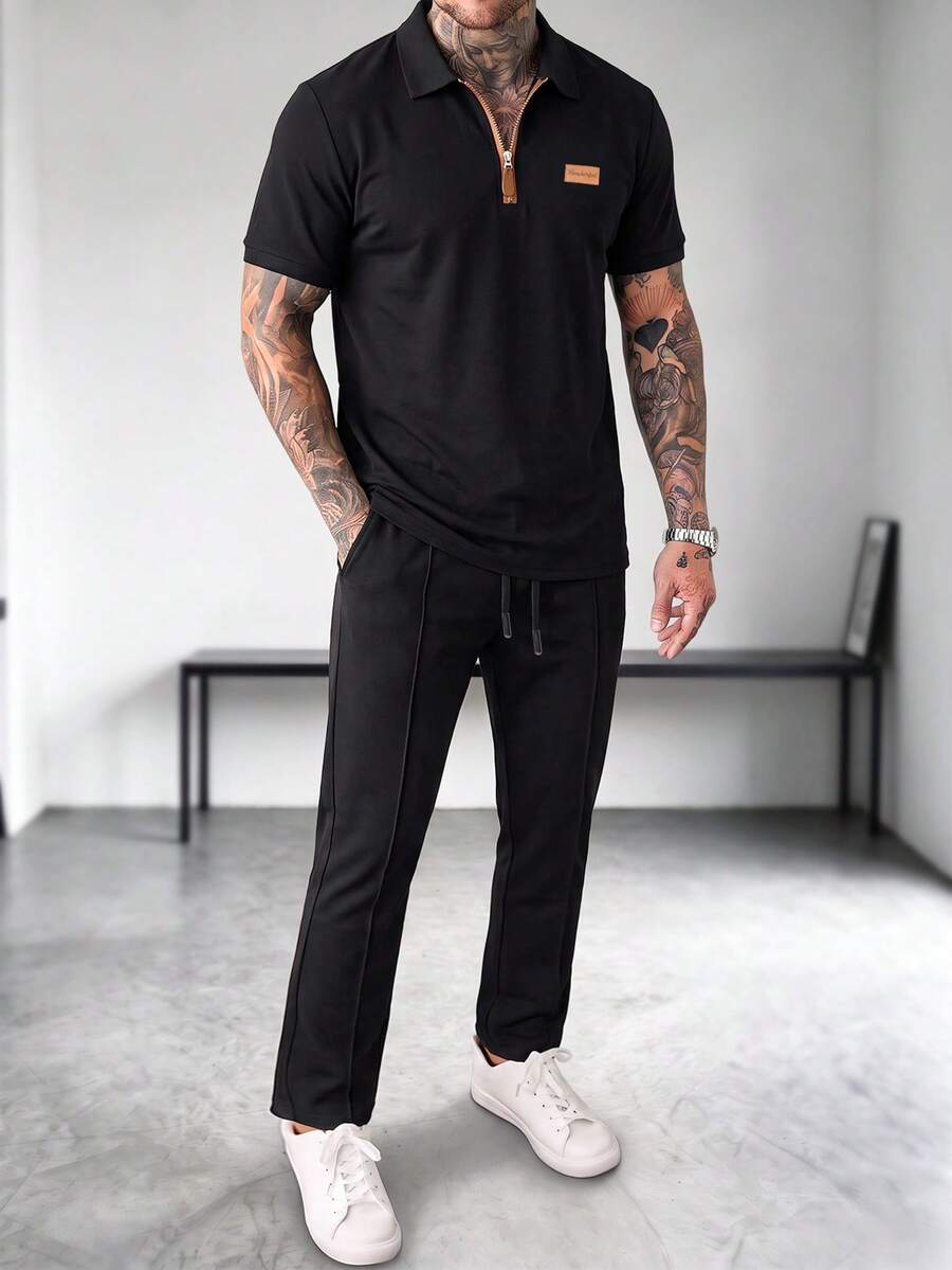Manfinity CasualCool 男士字母印花丹寧短袖 Polo 衫與抽繩腰長褲休閒套裝 - 黑色 - 查看 1