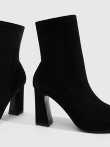 CUCCOO SZL Women's Black Faux Suede Pointed Toe Block Heel Ankle Boots With Zipper Fall Boots - Black - View 5