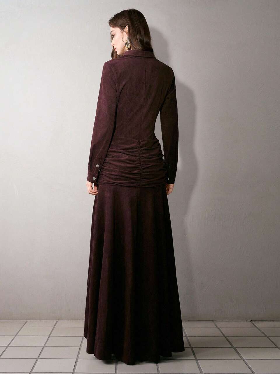 MOTF WOMEN'S AUTUMN/WINTER LONG DRESS WITH COLLAR, ASYMMETRIC RUFFLE HEM AND CINCHED WAIST BRUNCH DINNER BURGUNDY ELEGANT