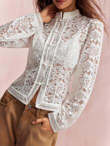Willow Rêve Women's White Floral Lace Long Sleeve Top With Mandarin Collar And Frog Button Closure, Elegant Casual Romantic Blouse For Wedding Dinner Party Garden - White - View 8