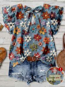 EMERY ROSE Plus Size Women's Blue Boho Summer Vacation Holiday Elegant Loose Blouse,Hand-Painted Crayon Floral Double-Layer Flutter Sleeve Bowknot Back Design - Multicolor - View 2