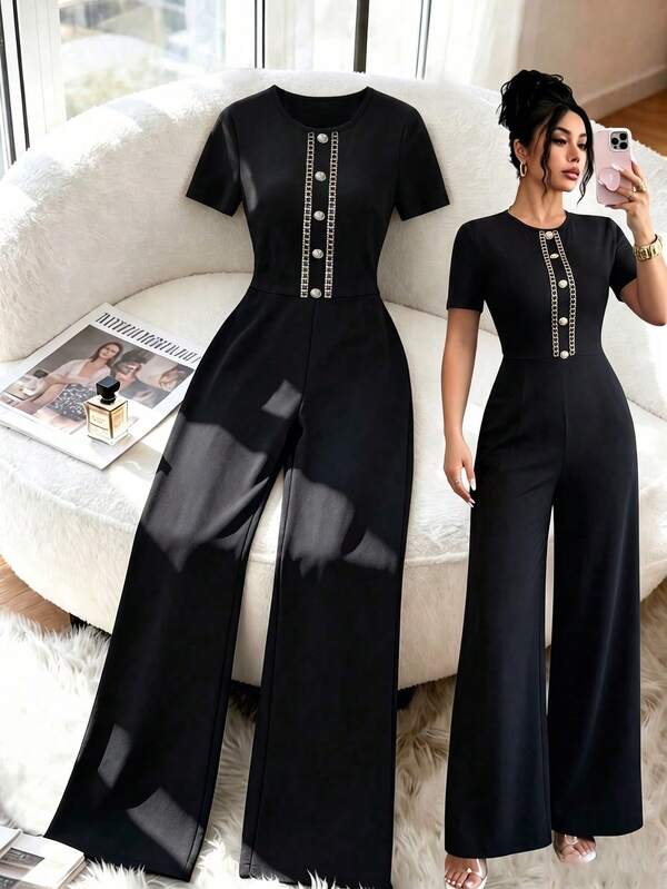 SHEIN Raffinéa Regular Women's Short Sleeve Fitted Jumpsuit, Gold Metal Buckle, Lace Trim, Fashionable Sexy, Elegant, Casual, Street Style; Slim Fit Design, Fashionable Niche Design Women's Lace Trim Fitted Jumpsuit