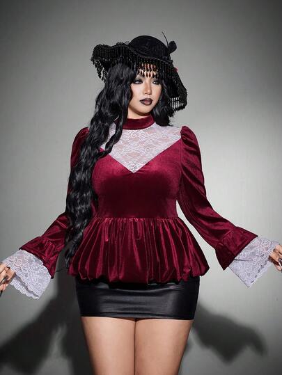 Whyspr Plus Size Women's Elegant Autumn/Winter Lace Patchwork Commuter Design Fashion Burgundy Deep V-Neck Sexy Party Top Long Sleeve T-Shirt Halloween Goth