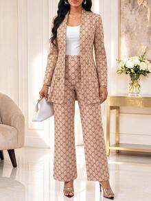 SHEIN Lady طقم نسائي أنيق من قطعتين باللون الكاكي مطبوع بنقشة فيونكة، بليزر مفتوح الأمام بأكمام طويلة مع بنطال واسع الساق، مناسب للمكتب والعمل والأعمال التجارية في فصل الخريف - لون مشمشي - مشاهدة 3