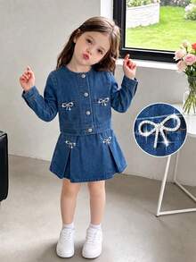 Girls' Autumn/Spring Denim 2-Piece Set, Baby Blue Washed Denim Jacket With Pockets, Rhinestone Bow, High-Waist A-Line Skirt, Pleated Design, School - Blue - View 9