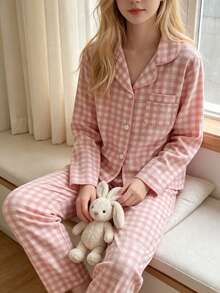 School Girl Pajamas, Pink Classic Plaid Print Long Pants And Long Sleeve Button-Up Top, Casual 2 Pieces Loungewear Set For Tween Girls - Pink - View 4