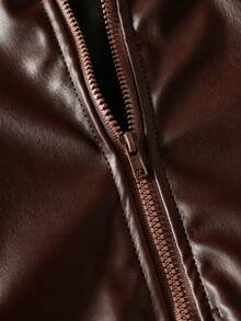 SHEIN Tween Girls Streetwear Solid Color PU Leather Loose Fit Jacket, Back To School Fall - Brown - View 8