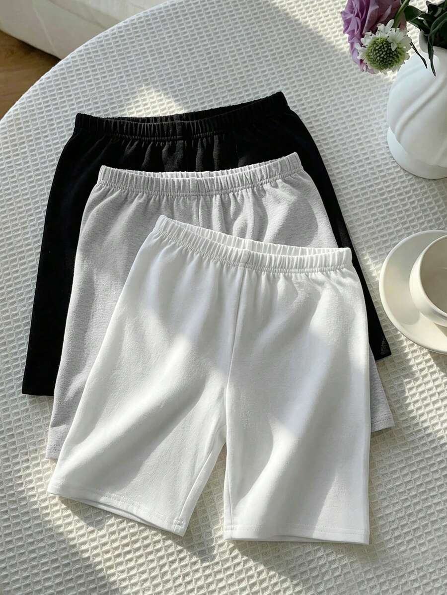 SHEIN 兒童 LMoss 青少年女孩多件裝純色針織騎行緊身褲 - 彩色 - 查看 1