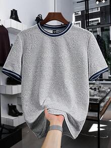 Manfinity Homme Men's Jacquard Striped Crew Neck Short Sleeve Casual Textured T-Shirt - Light Grey - View 4