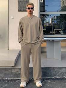 DAZY 男士長袖T恤與直筒長褲2件套 秋季 - 卡其色 - 查看 5