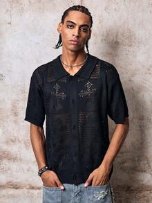 Skyrend Men Black Knit Cardigan, Polo Collar Short Sleeve Mesh Hollow Out Button Front Sweater Fall/Autumn/Winter Halloween Grunge - Black - View 6