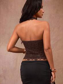 Opulessa Casual Vacation Solid Color Knit Lace Halter Neck Backless Women's Top - Brown - View 2