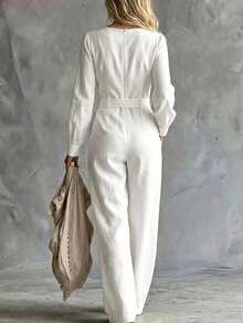 GlowEve Jumpsuit Wanita Warna Polos untuk Pakaian Sehari-hari Kasual - Putih - View 2