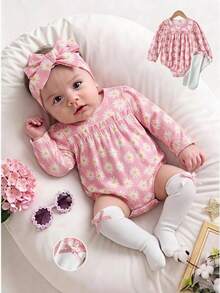 SHEIN Baby Girls Pink Daisy Print Long Sleeve Romper 3 Pieces Set, Round Neck Ruffle Design, Knitted Ribbed Elastic Fabric, Spring/Autumn Sweet Baby Outfit - Pink - View 9