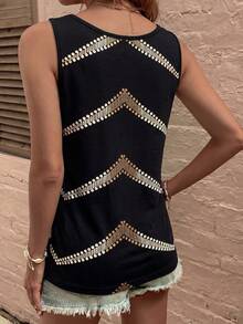 EMERY ROSE Women's Spring/Summer New Arrival Dot Asymmetrical Stripe Print Pattern U-Neck Casual Sexy Versatile Tank Top Vacation Black And Gold - Multicolor - View 2