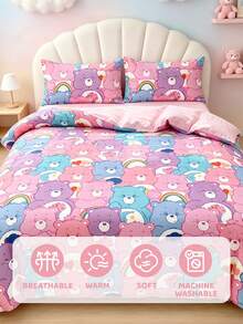SHEIN X Care Bears 3件組可愛卡通印花被套組，磨砂材質，柔軟保暖，多種尺寸，適用於單人床/雙人床/加大床/特大床 - 多彩 - 查看 8