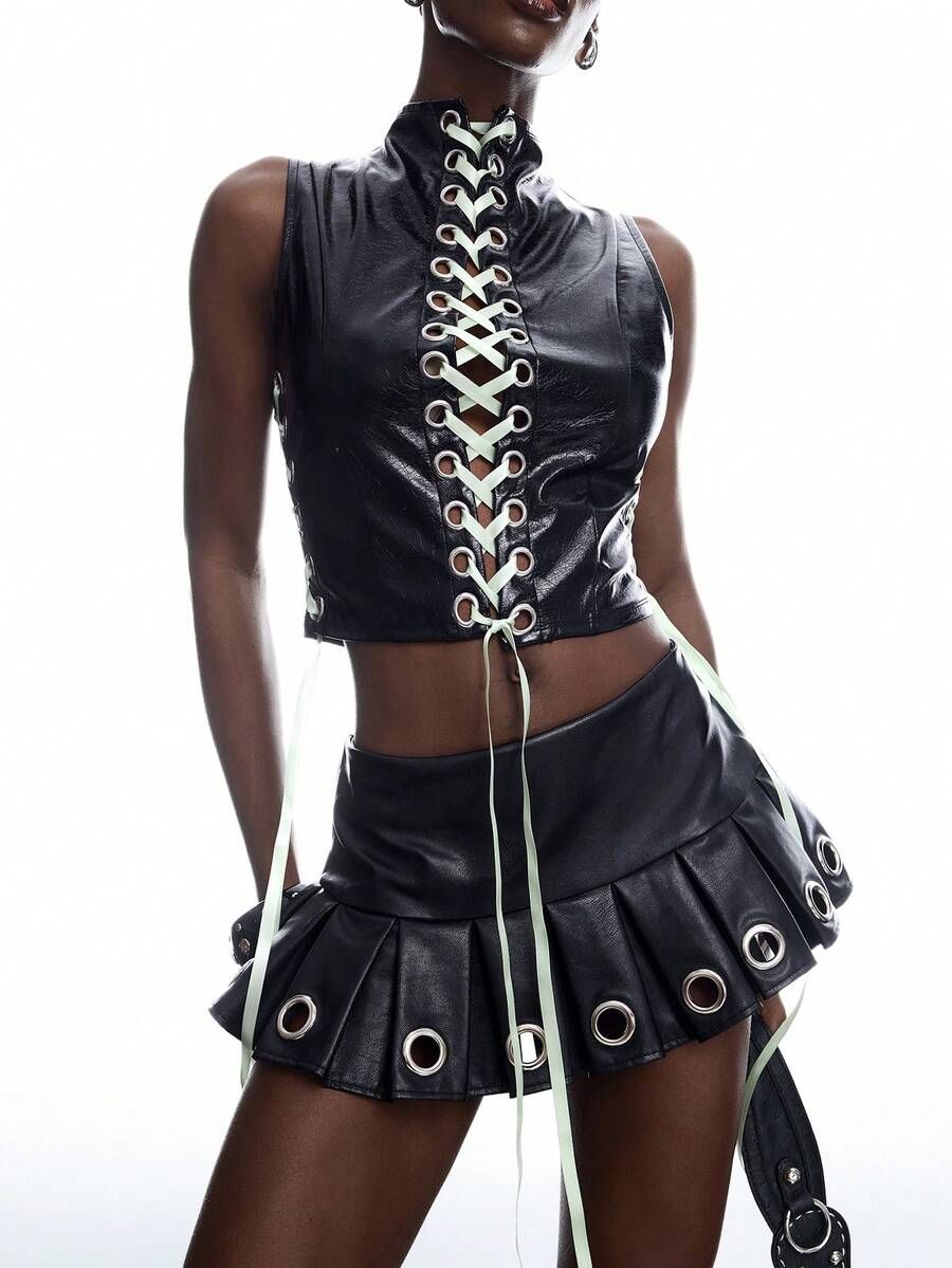 LYSMO Women's Eyelet Strap PU Leather Cropped Fashion Vest - Black - View 1