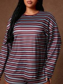 Rustia Summer New Round Neck Striped Loose Casual Long Sleeve T-Shirt And Drawstring Shorts Set Plus Size 2-Piece Fall - Multicolor - View 3