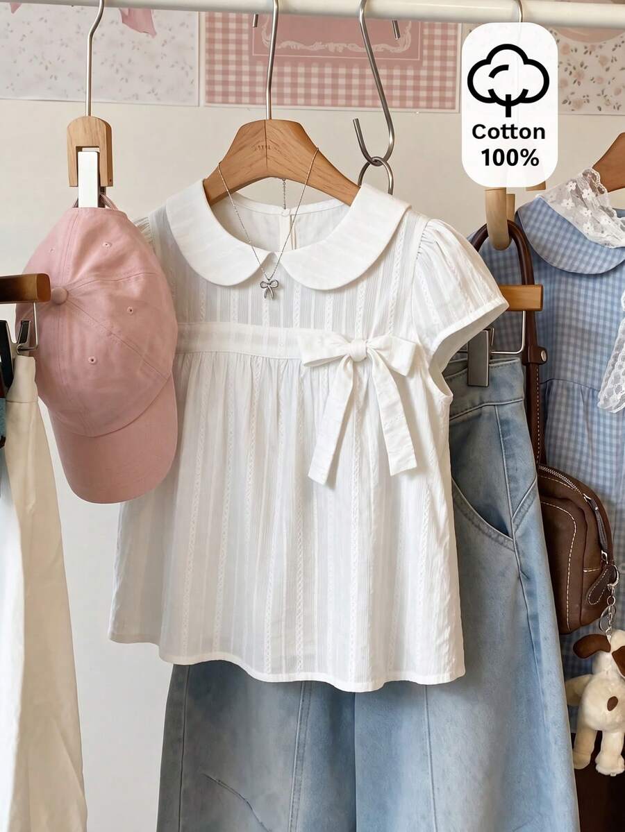 Elamini Women's Solid Color Peter Pan Collar Bowknot Decor Short Sleeve Blouse Everyday Date White Summer Cute - White - View 1