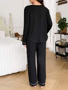 Moonlight&Mama Casual Solid Color Letter Print MAMA Lapel Long Sleeve Button-Up Pullover Trim Top And Pants Maternity Loungewear Set - Black - View 2