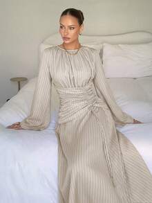 Siren Gaze Women's Striped Round Neck Long Sleeve Drawstring Waist Casual Long Dress - Apricot - View 4