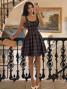 SHEIN MOD 女款夏季休閒 90 年代優雅學院風復古格紋無袖迷你洋裝，適合返校、日常、派對、生日、畢業典禮，海軍藍 - 藏蓝色 - 查看 8