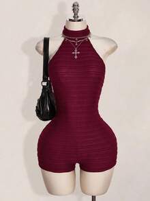 SHEIN ICON 女款黑色掛脖露背緊身貼身高領基礎休閒連身褲 - 酒紅色 - 查看 5