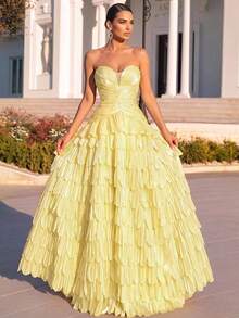 Glamrae Elegantes weiches gelbes glänzendes Organza-Stoff trägerloses V-Ausschnitt asymmetrisches plissiertes Taillen mehrschichtiges gestuftes A-Linien-Rock Hochzeitskleid Winter - Gänsegelb - Übersicht 6