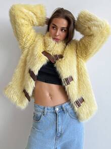 Aloruh Women's Autumn/Winter Fitted Long Sleeve Faux Fur Jacket With Small Stand Collar And Button Closure, Light Yellow - Light Yellow - View 8