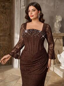 Aureia Plus Size Elegant Romantic Coffee Lace Square Neck Computer Beaded Craft Fishbone Ruched Fitted Mermaid Hem Party Ball Vacation Wedding Event Evening Dinner Guest Dress - Coffee Brown - View 1