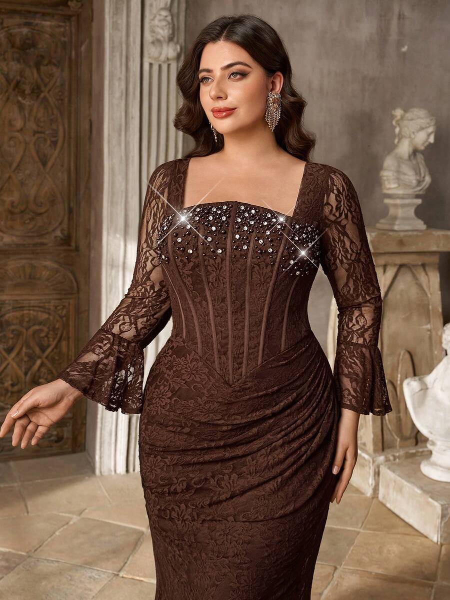 Aureia Plus Size Elegant Romantic Coffee Lace Square Neck Computer Beaded Craft Fishbone Ruched Fitted Mermaid Hem Party Ball Vacation Wedding Event Evening Dinner Guest Dress - Coffee Brown - View 1