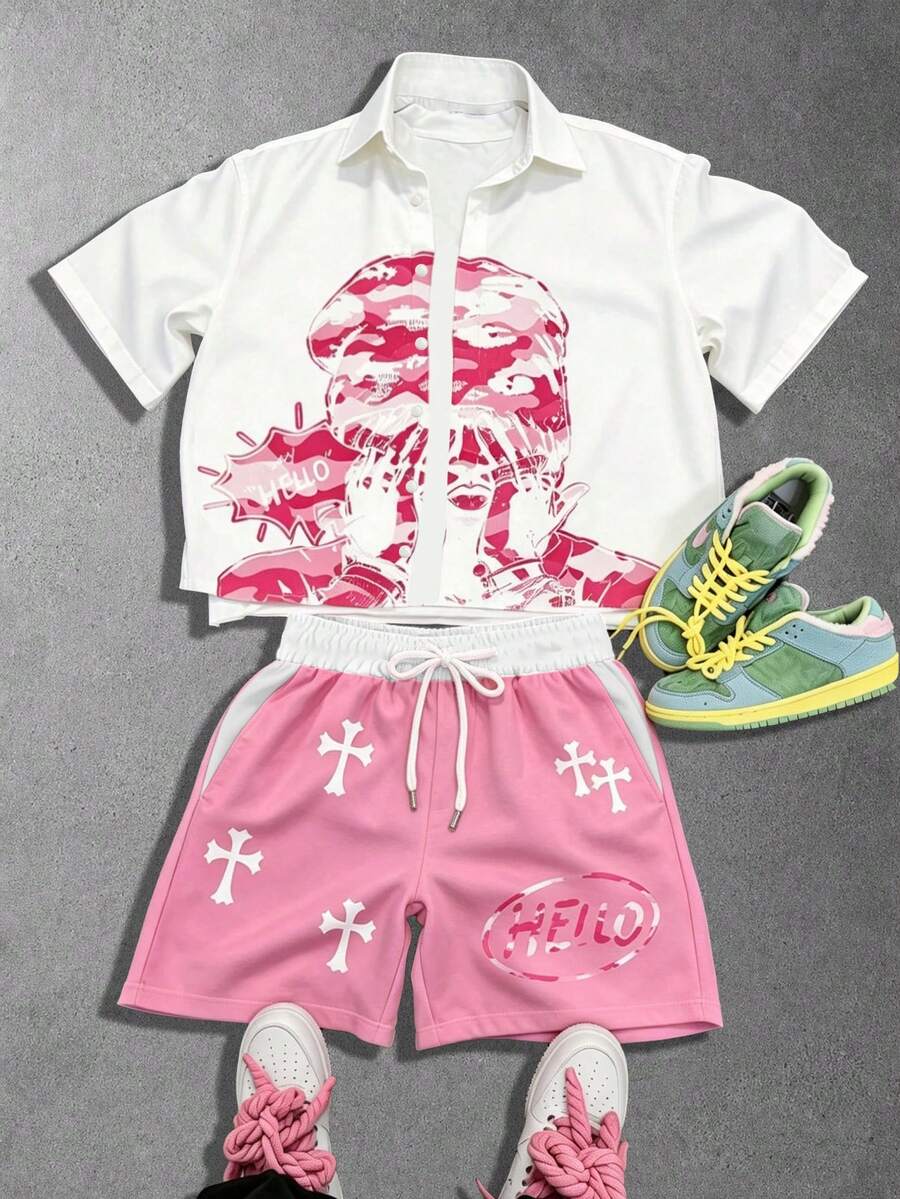 Manfinity EMRG Men's Summer Casual Character Print Shirt And Shorts Set - Multicolor - View 1