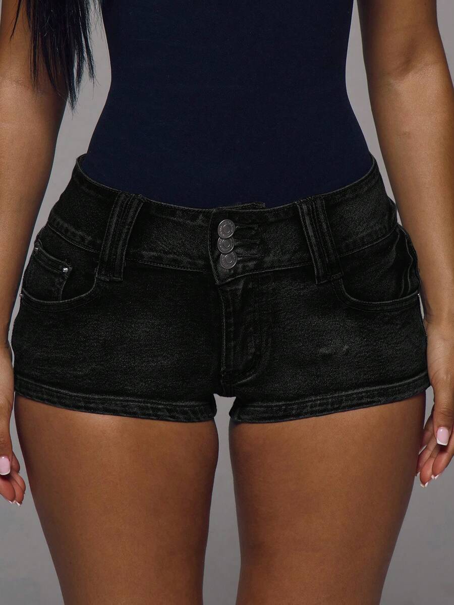 MUSERA Micro Button Detailing Mini Shorts Dark Wash Spring Summer Cute Holiday 90s Y2K Ibiza Music Festival Concert Street Casual Social - Black - View 1