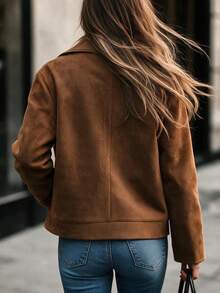 SHEIN Autumn/Winter Shades Of Brown Matte Suede Texture Notch Lapel Single-Breasted Loose Long Sleeve Casual Jacket, Minimalist Commuter Style Daily Wear - Coffee Brown - View 6