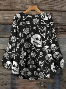 EMERY ROSE Plus Size Women's All-Over Print Casual Versatile Daily Wear Shirt Halloween - Multicolor - View 2