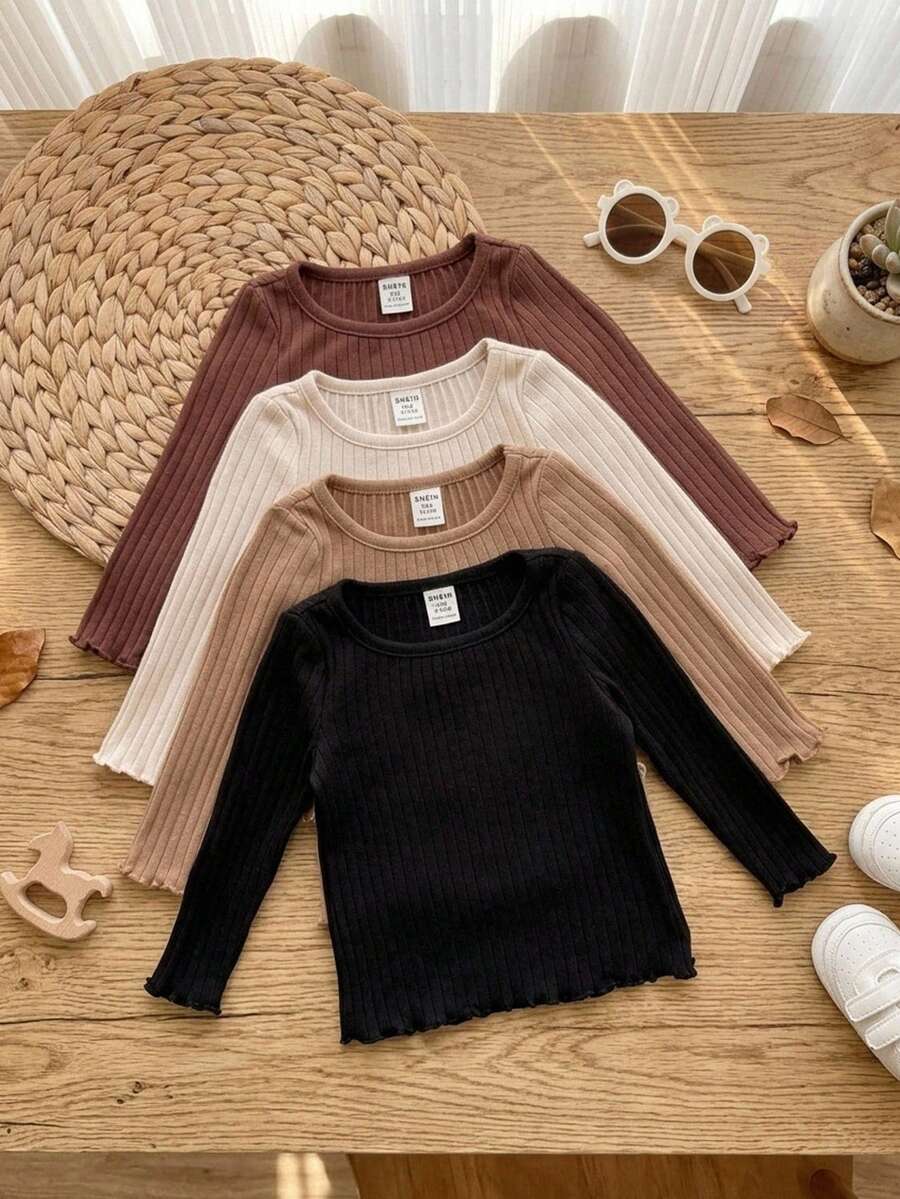 SHEIN 女童 4件組針織素色圓領休閒T恤套裝 - 彩色 - 查看 1