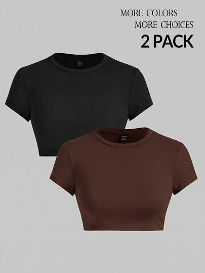 SHEIN PETITE 2pcs Women's Solid Color Slim Fit Short-Sleeve T-Shirts Gym Everyday Black Dark Brown Summer Casual
