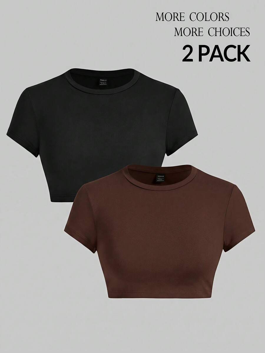 SHEIN PETITE 2pcs Women's Solid Color Slim Fit Short-Sleeve T-Shirts Gym Everyday Black Dark Brown Summer Casual - Multicolor - View 1