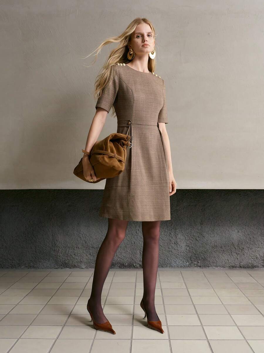 MOTF PREMIUM WOMEN'S KHAKI PLAID 5-SLEEVE WAIST-CINCHING COMMUTER SHORT DRESS, AUTUMN/WINTER - Khaki - View 2