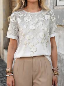 SHEIN LUNE Women's Spring/Summer Casual Elegant Faux Print White Loose Fit Versatile Shirt For Daily Wear Morning Cocktail, Commuting, Home And Travel - 彩色 - 查看 4