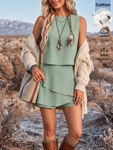 Wildy BOHO 休閒西式風格秋冬鄉村遊牧風女款日常基礎穿搭 2 件套度假假期鼠尾草綠 - 綠色 - 查看 2