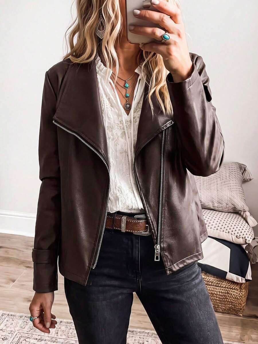 Wildy Casual Western Country Nomad Women's Autumn/Winter Everyday Basic Outfit Motorcycle Jacket - Rust Brown - View 1