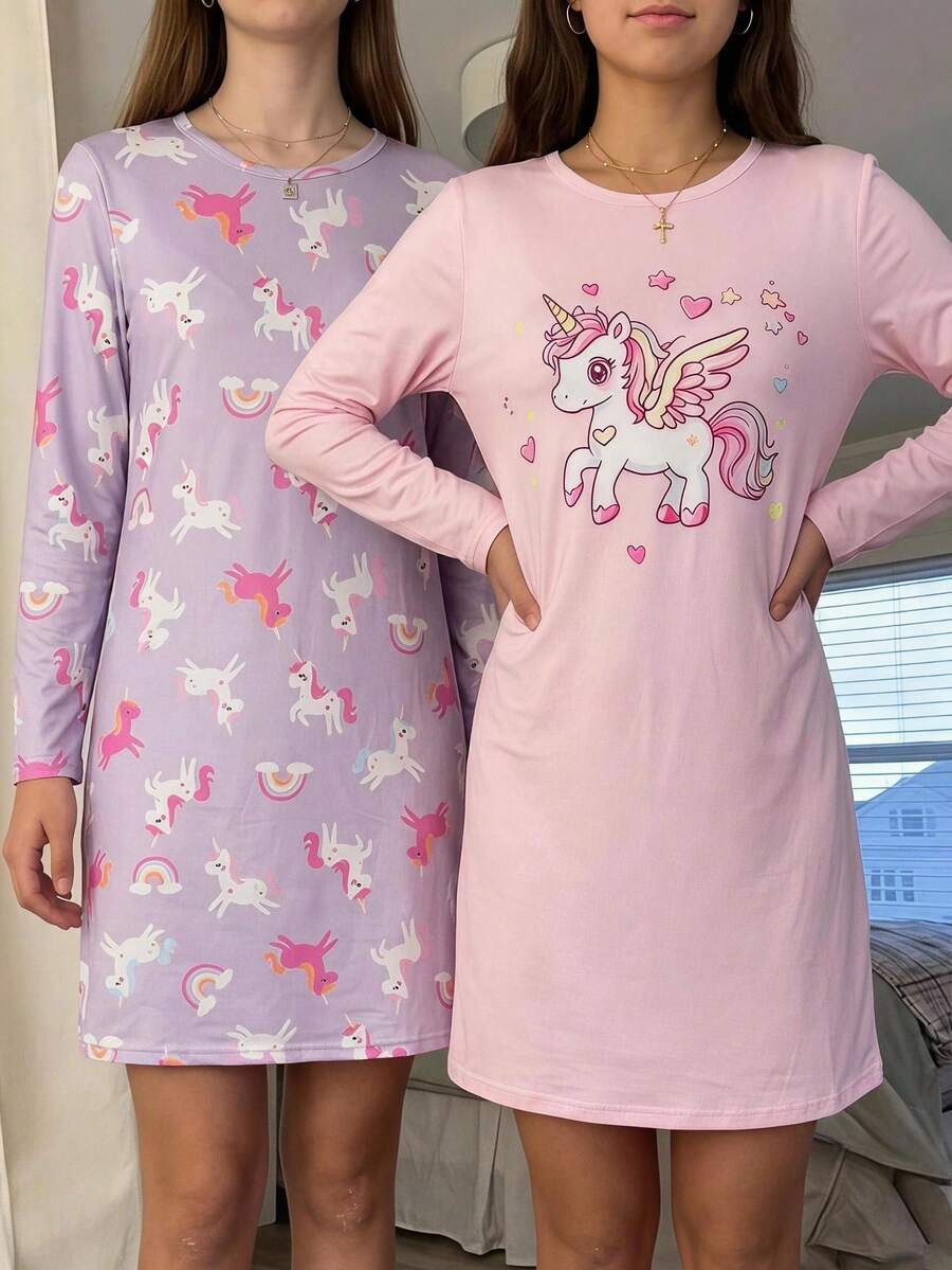 2件組女孩大童長袖套頭休閒AB條紋兔子印花睡衣 - 淺粉色 - 查看 1
