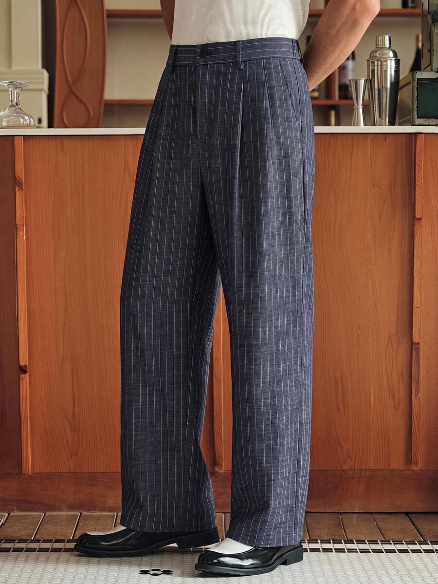SWAVVY Men's Plaid Pleated Straight Leg Loose Fit Commuter Pants - Apricot - View 1