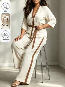 Linhara CURVE Plus Size Women's Spring/Autumn Minimalist Button Contrast Color Tie Long Sleeve Top And Striped Casual Loose Pants 2-Piece Set, Suitable For Daily Wear, Casual And Elegant - Multicolor - View 5