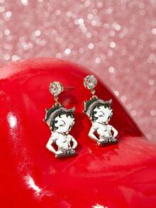 Betty Boop x SHEIN A Pair Of New Creative Cartoon Pattern Printed Diamond Stud Earrings, Cute Casual, Suitable For All Kinds Of Parties, Concerts, Festivals, Exquisite G - Gold - View 1