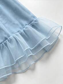 SHEIN 女士夏季时尚休闲度假设计牛仔效果拼接网纱无袖连衣裙 - 藍色 - 查看 4