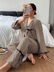 Napfluff CURVE Napfluff CURVE Sweet Striped Collared Plus Size Pajama Set, Bow Tie Cuffs And Hem Comfortable 2 Pieces Set - Multicolor - View 5