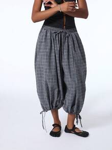 COUREZ Low Rise Extreme Balloon Cropped Pants In Check / Y2K Casual 70s Summer Clothes For Women Shorts Festival Outfits Everyday Holiday Grey Plaid Vacation - Grey - View 4