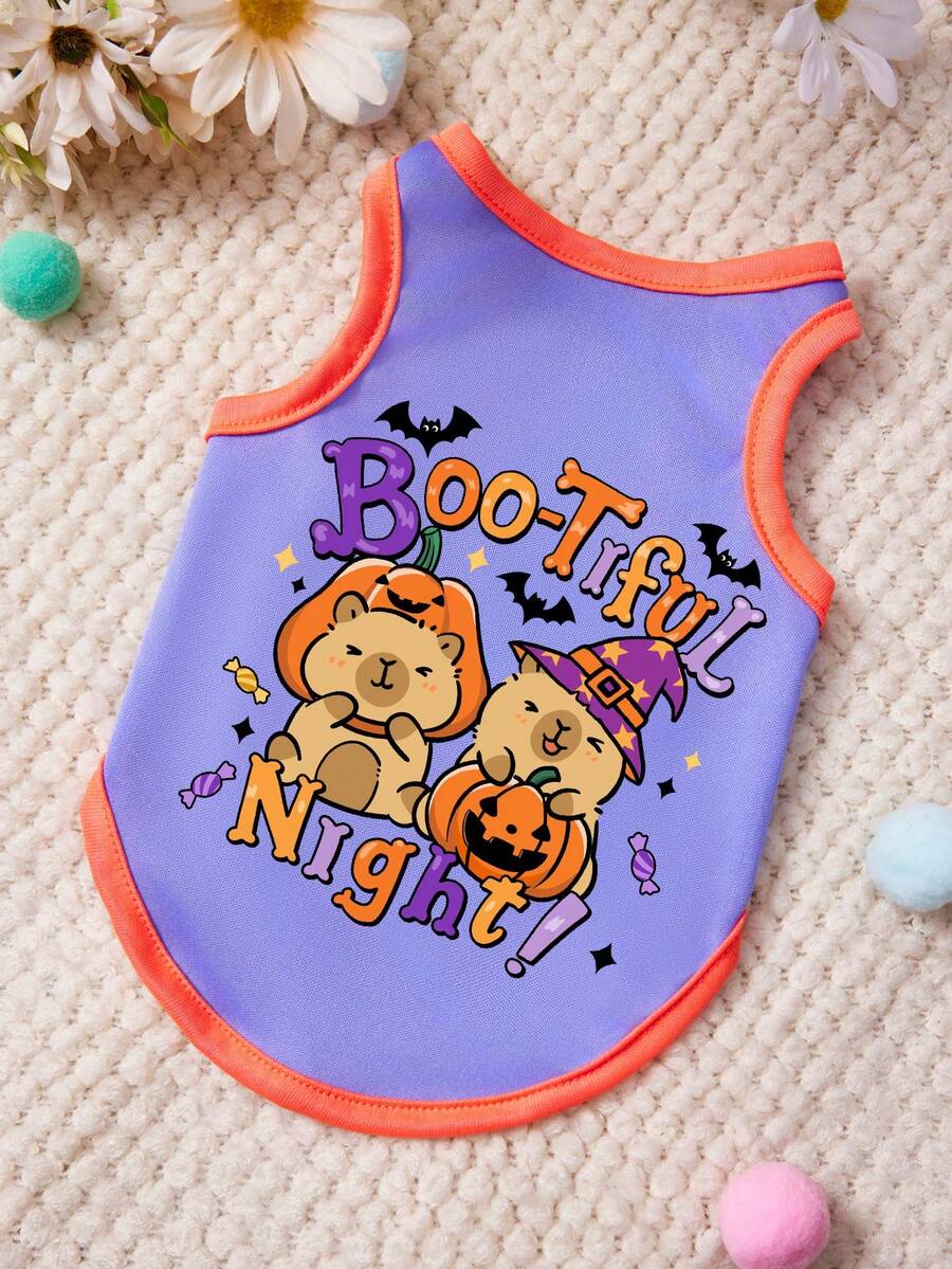 PETSIN 1 buah Baju Tank Top Hewan Peliharaan Lucu Motif Kelelawar Hitam Bala Ajaib dengan Huruf Permen, Warna Ungu dan Oranye, Lembut dan Nyaman - MultiWarna - View 1